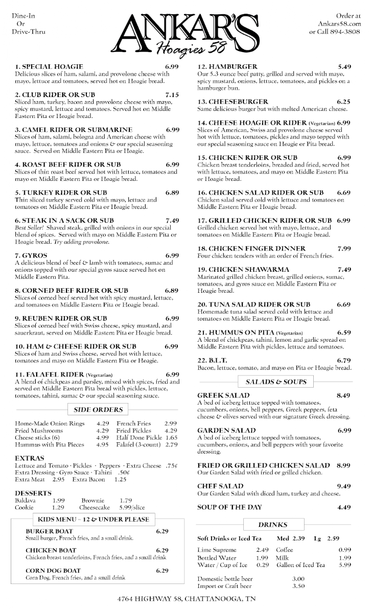 Ankar's Hoagies 58 Menu 1