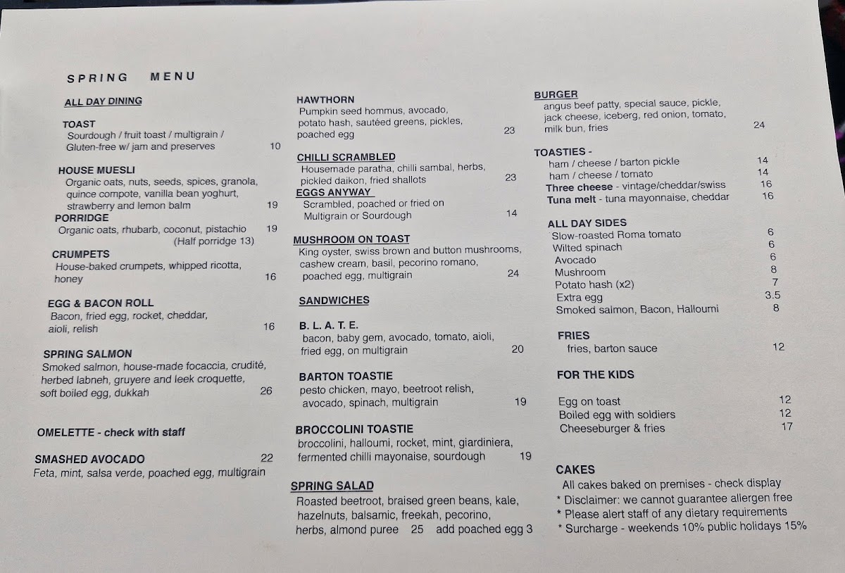 Barton Milk Bar Menu 1