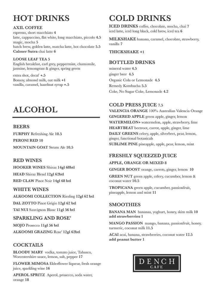 Dench Cafe Menu 1