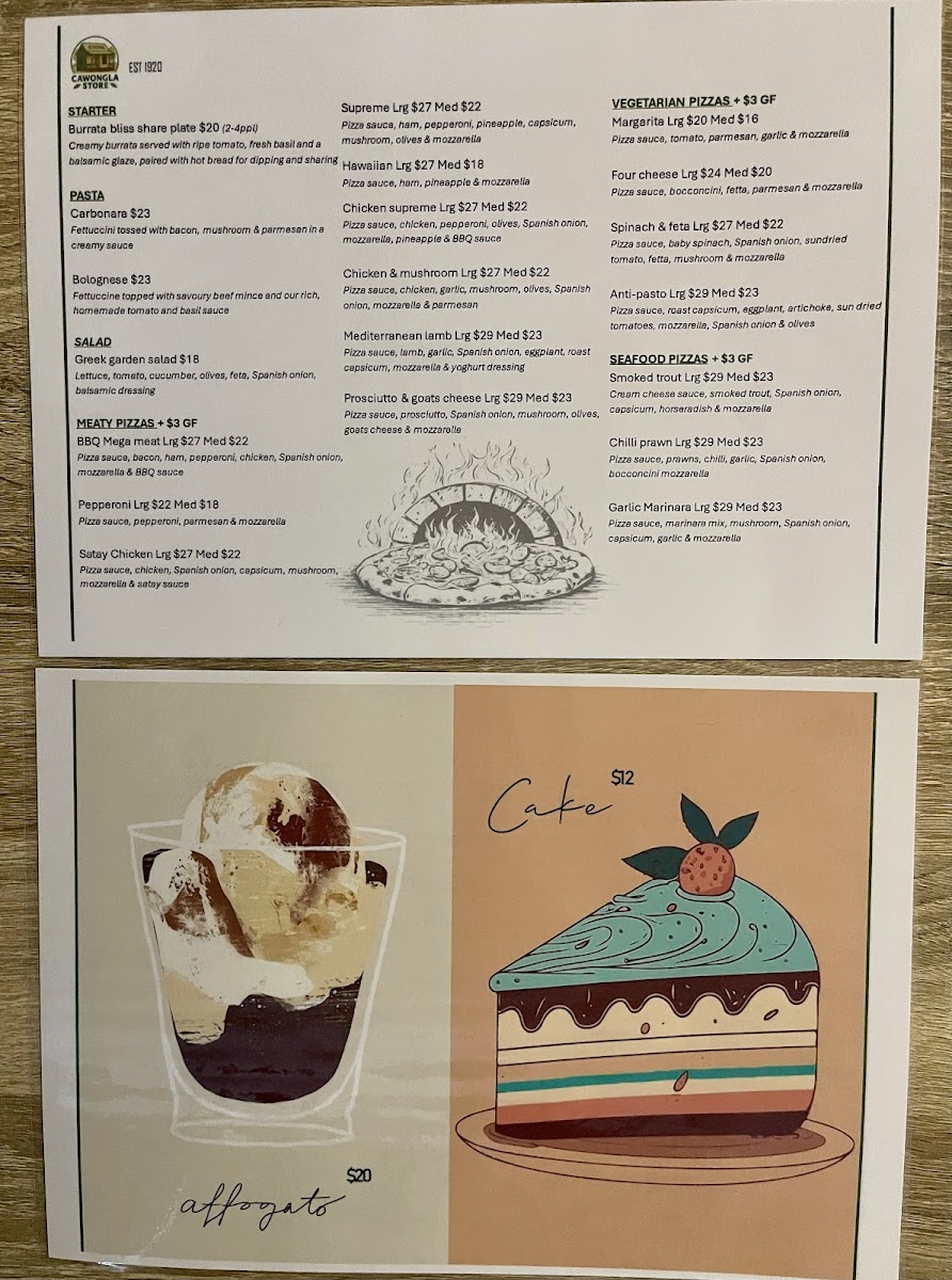 Cawongla Store and Gallery Menu 1