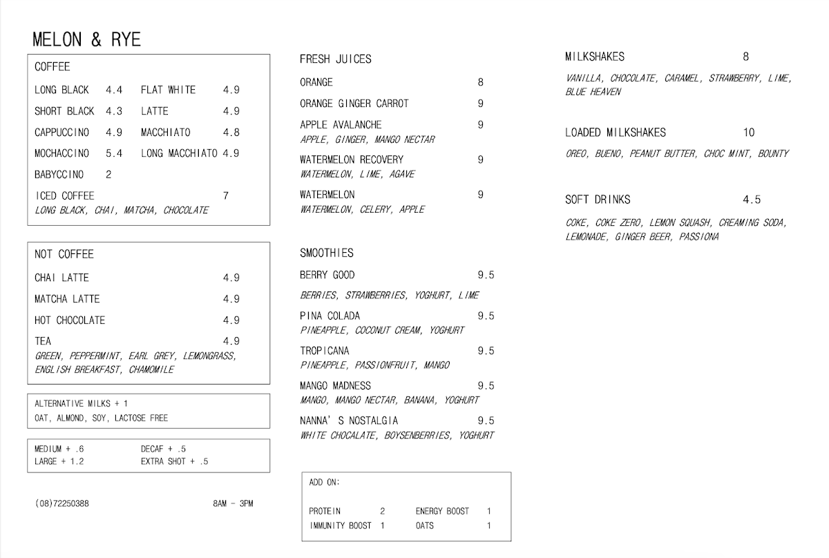 Melon & Rye Menu 1