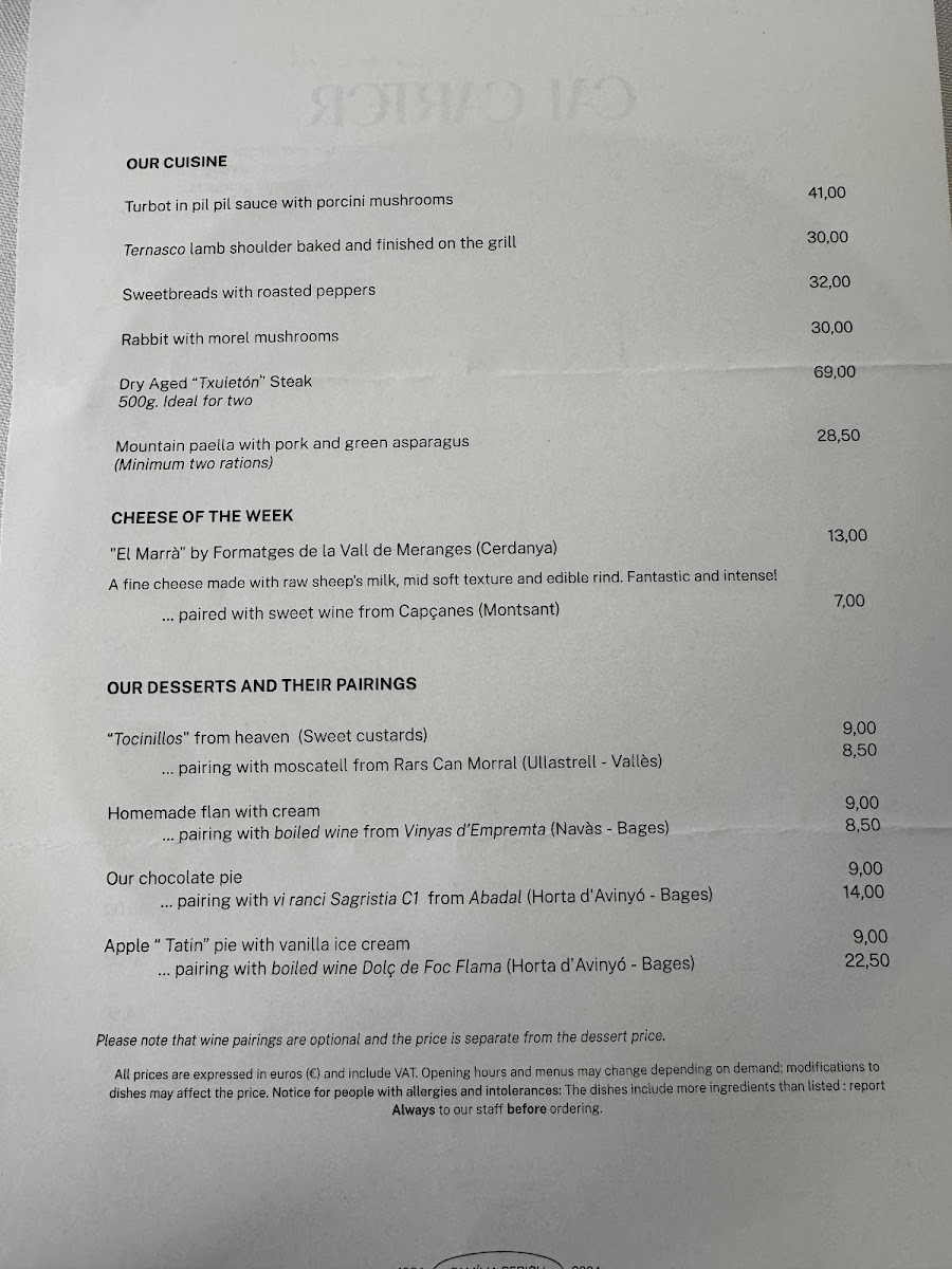 Restaurant Cal Carter Menu 1