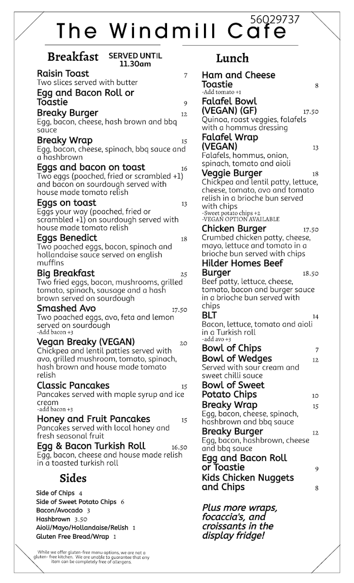 The Windmill Cafe Menu 1
