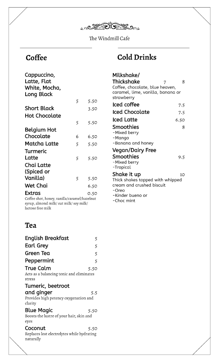 The Windmill Cafe Menu 2