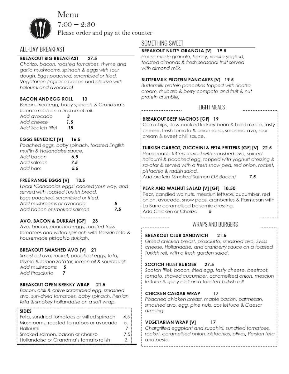 Breakout Brasserie Cafe Menu 1