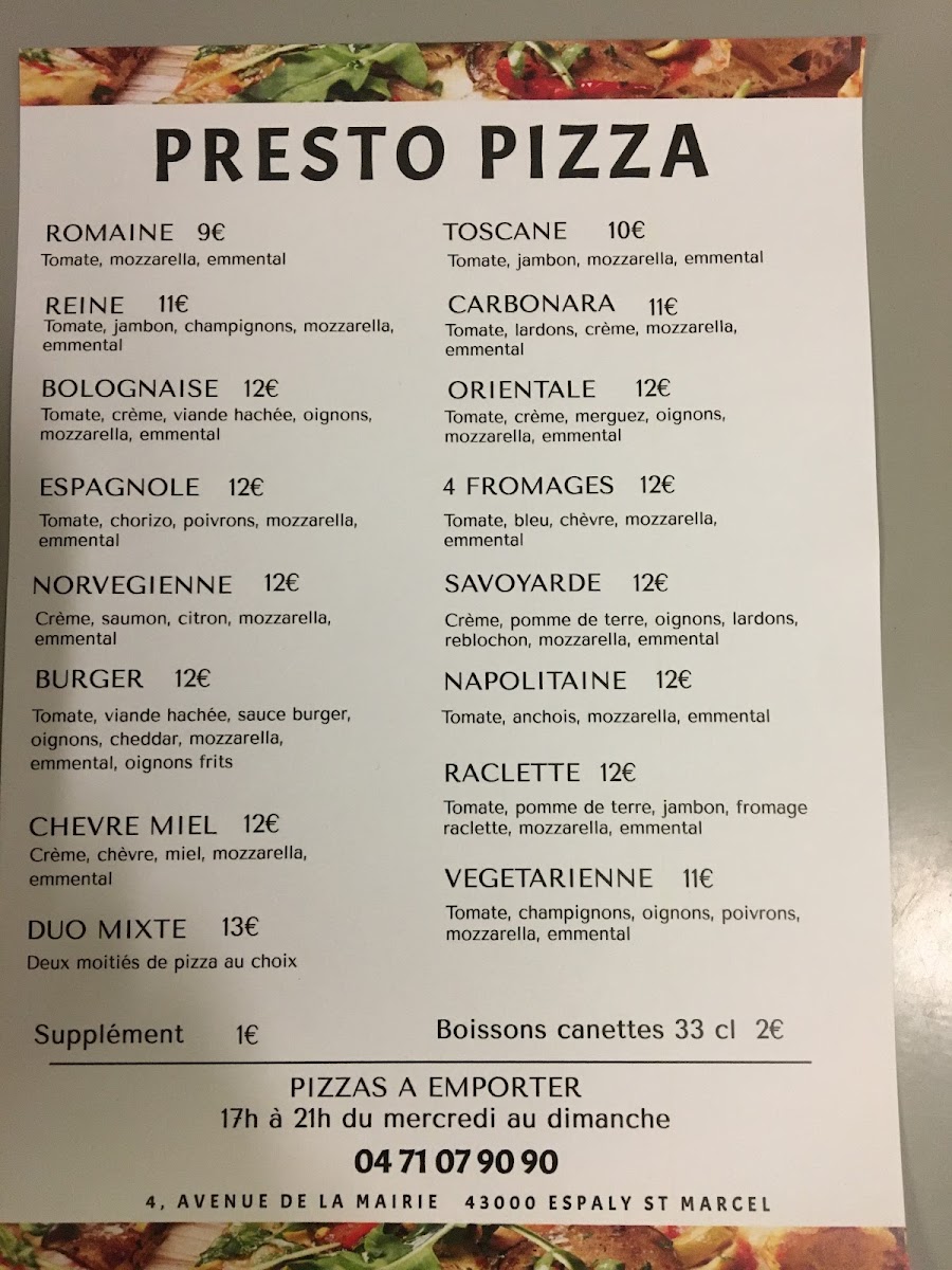 Presto pizza Menu 1