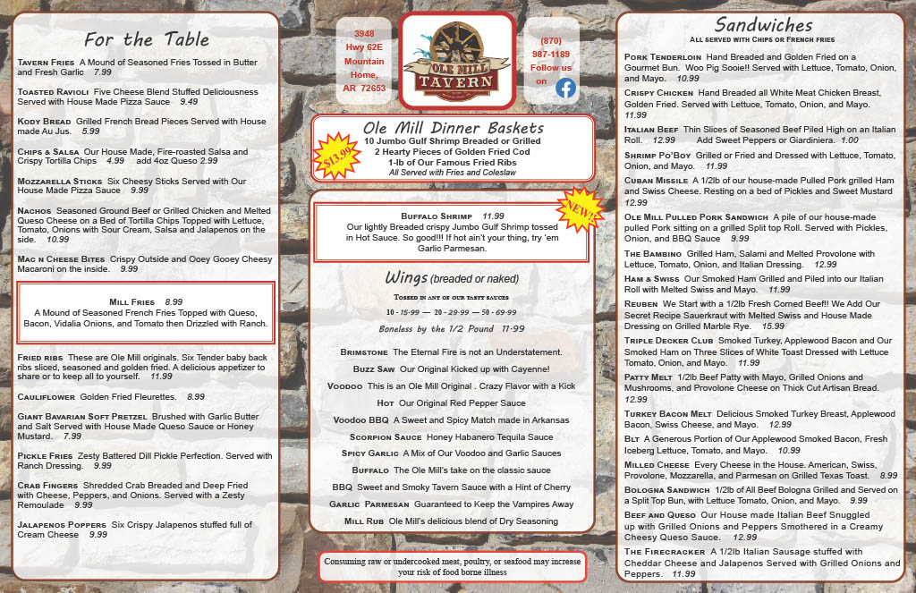Ole Mill Tavern Menu 2