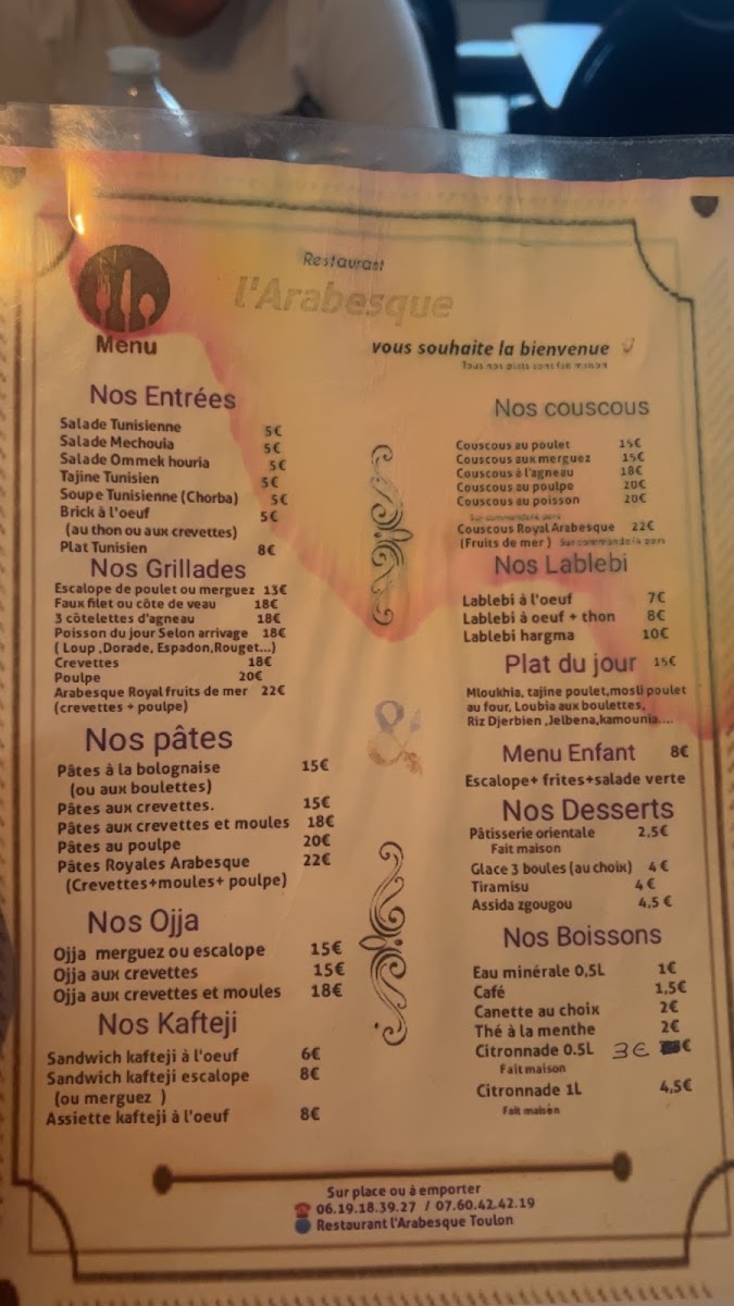 Restaurant l'Arabesque Toulon Menu 5