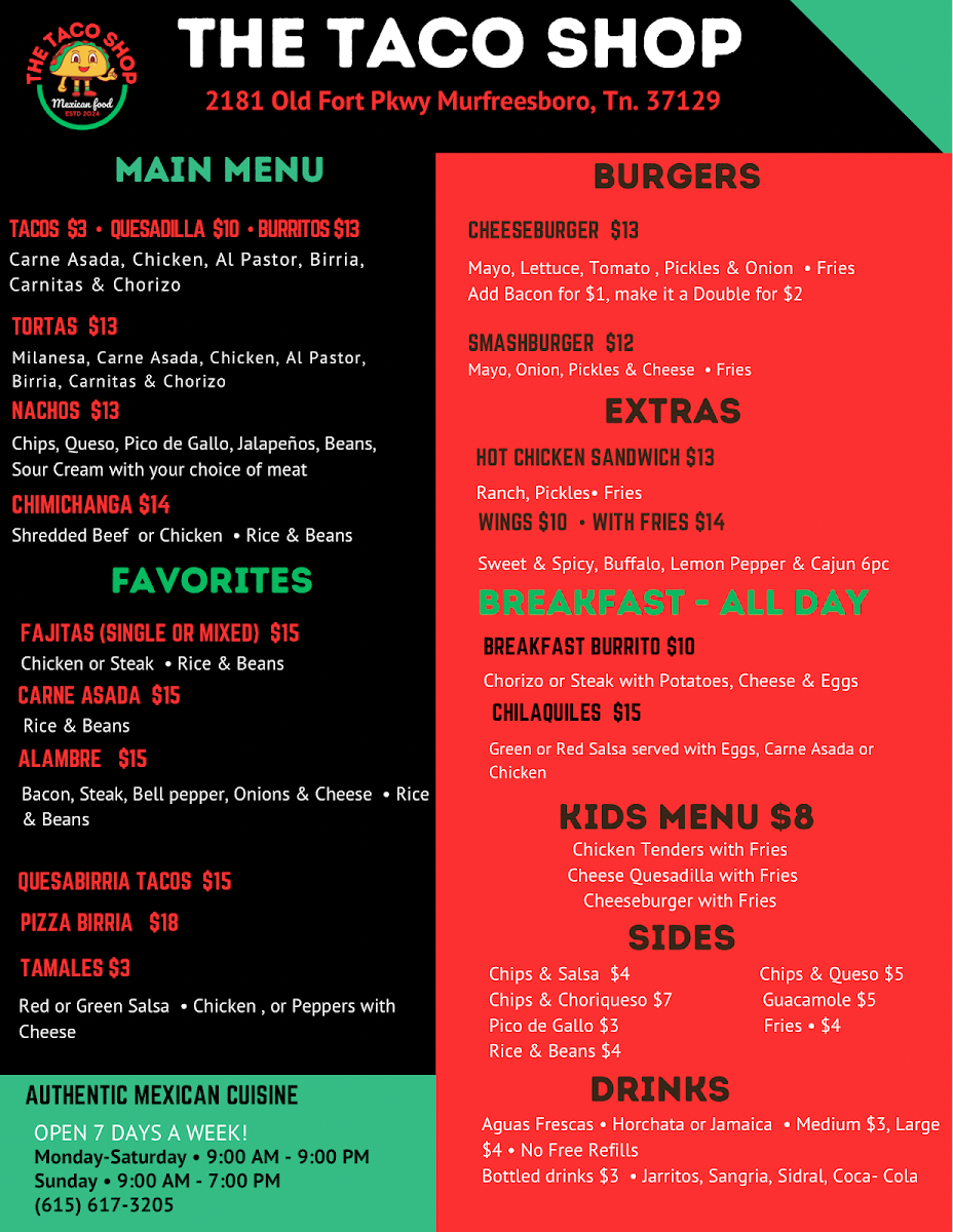 The Taco Shop Menu 1