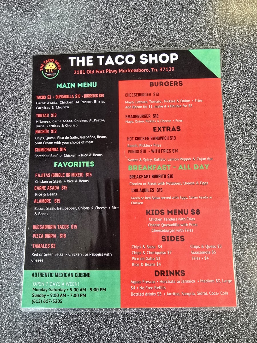 The Taco Shop Menu 2