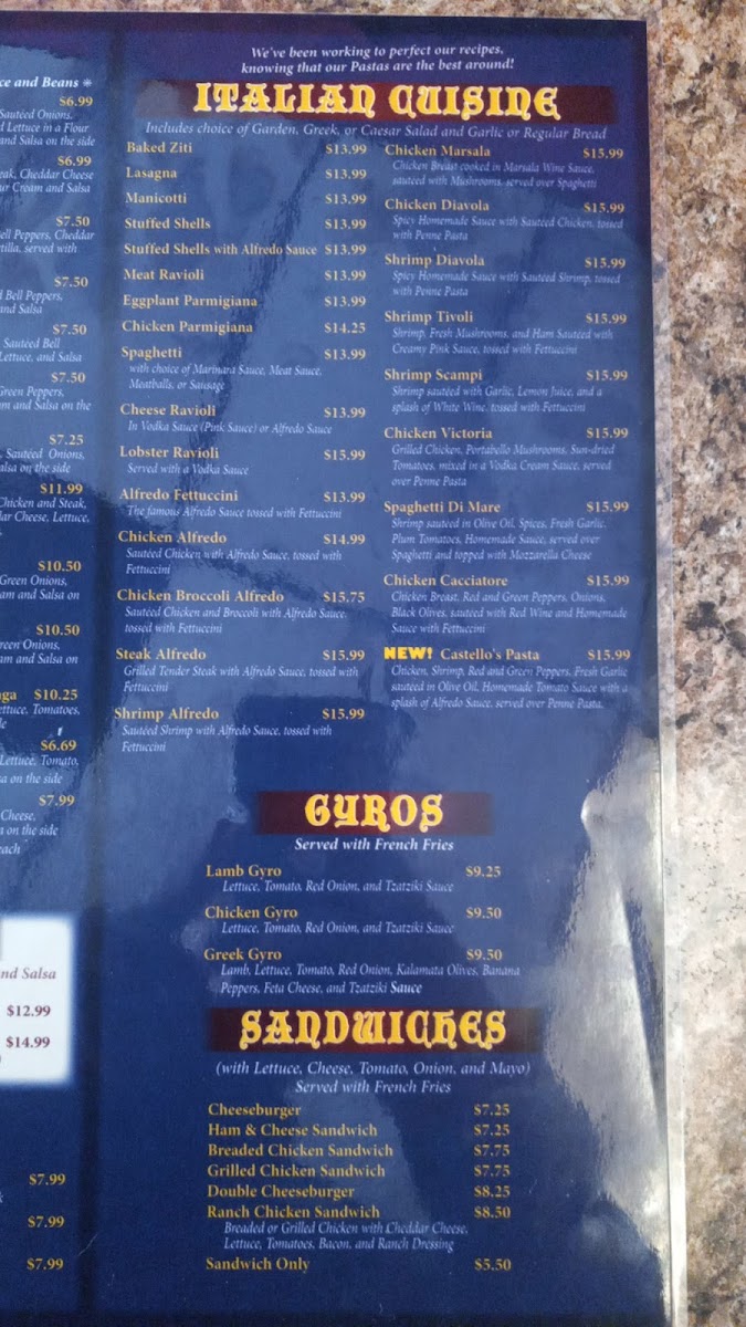 Castello's Pizzeria & Tex Mex Menu 4