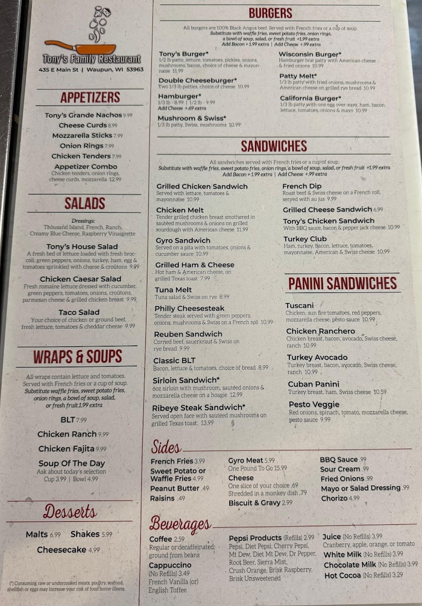 Tony’s Family Restaurant Menu 1