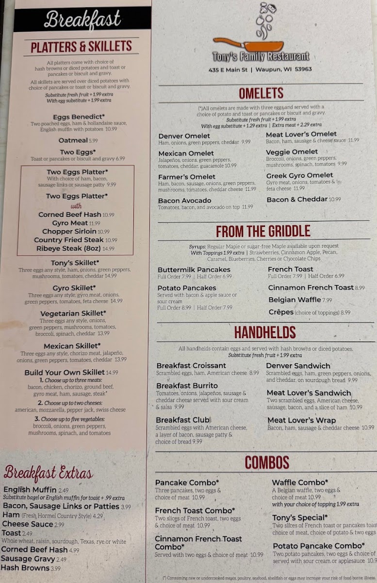 Tony’s Family Restaurant Menu 3