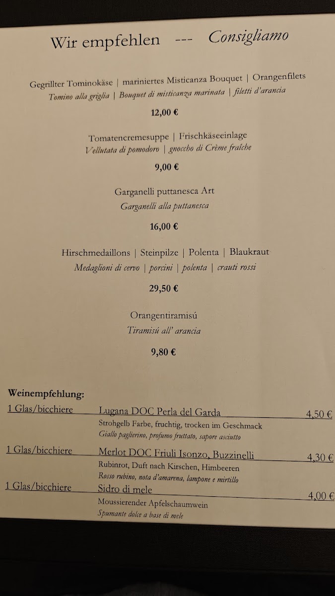 Restaurant Wiesthaler Menu 1