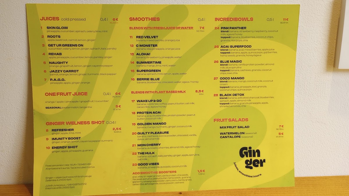 Ginger juice & smoothie bar Menu 7