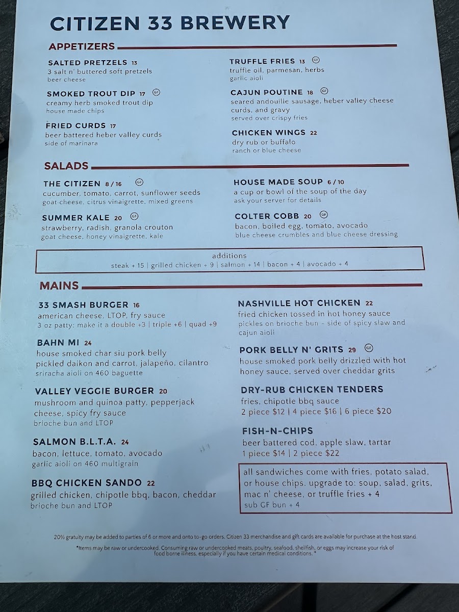 Citizen 33 Brewery Menu 1