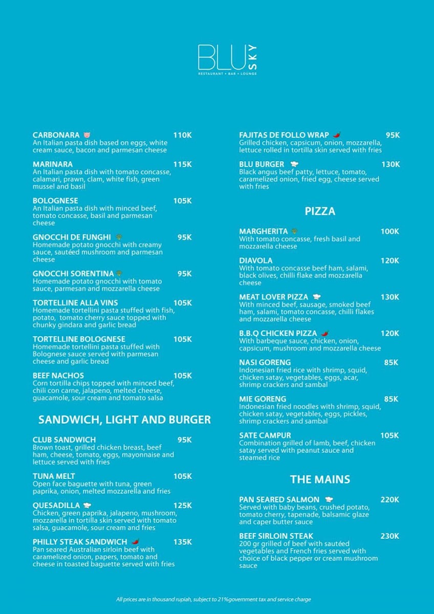 BLU Sky Restaurant - Bar - Lounge Menu 1