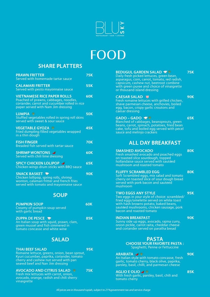 BLU Sky Restaurant - Bar - Lounge Menu 2