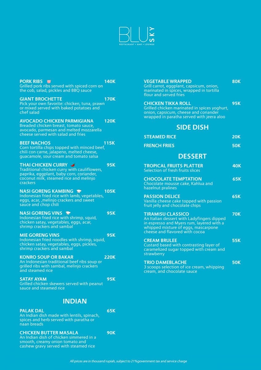 BLU Sky Restaurant - Bar - Lounge Menu 3