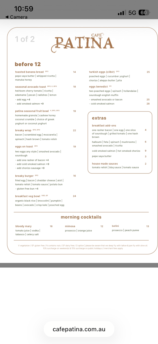 Cafe Patina Menu 1