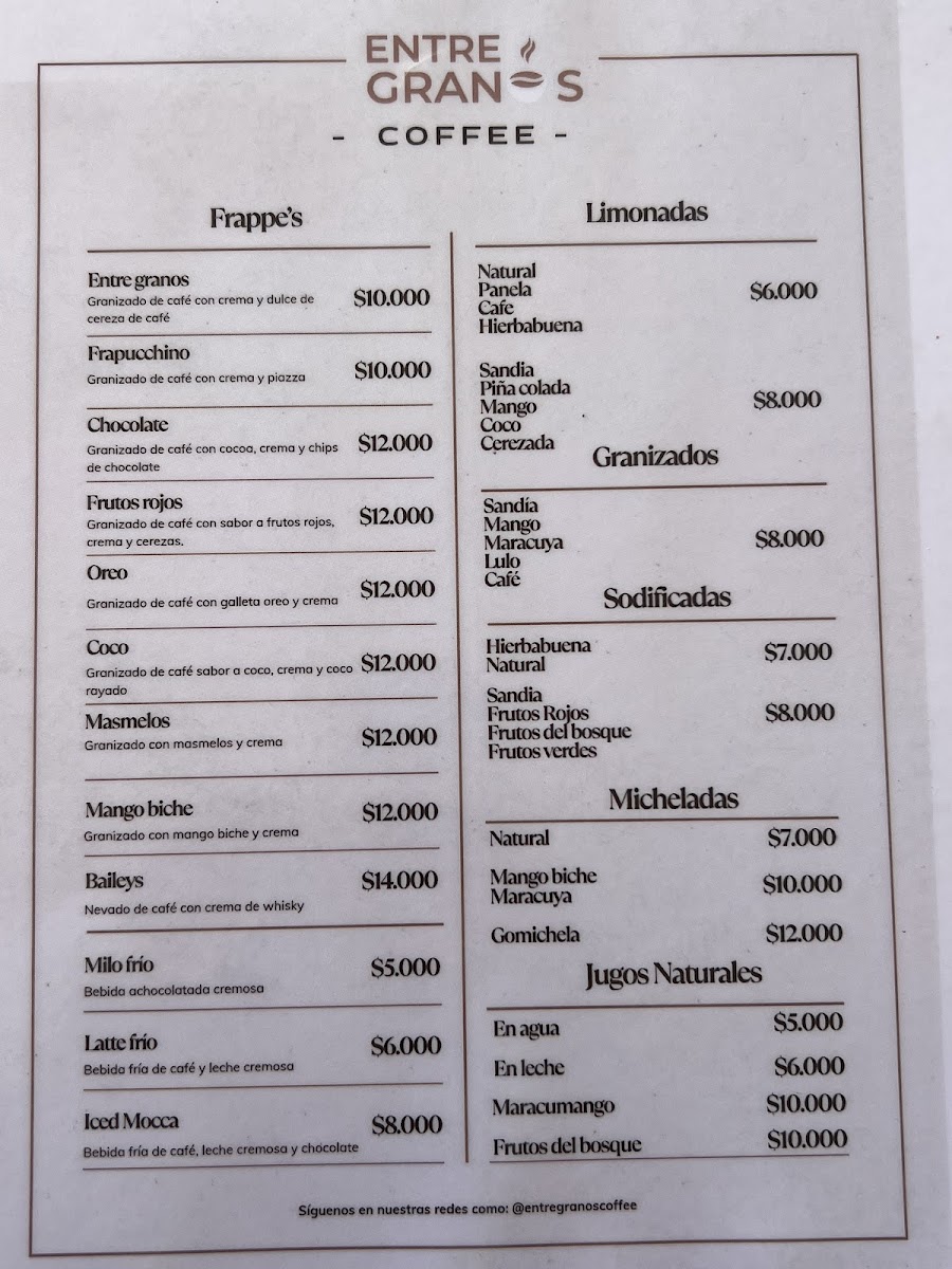 Entre Granos Coffee Menu 1