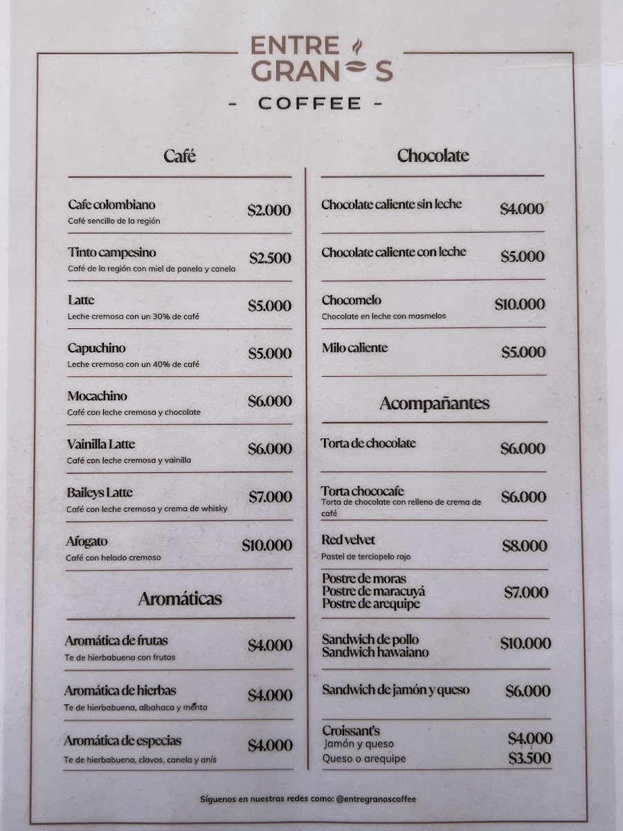 Entre Granos Coffee Menu 2