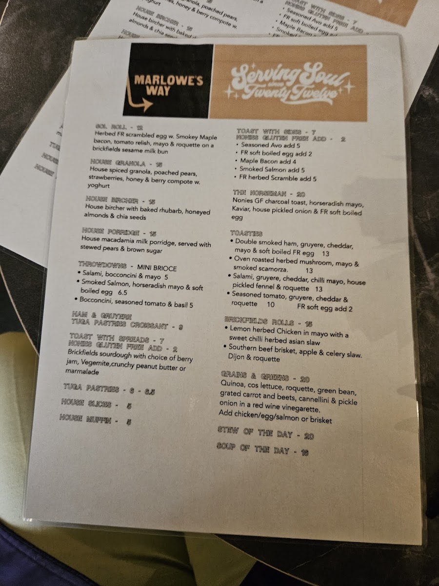 Marlowe's Way Menu 1