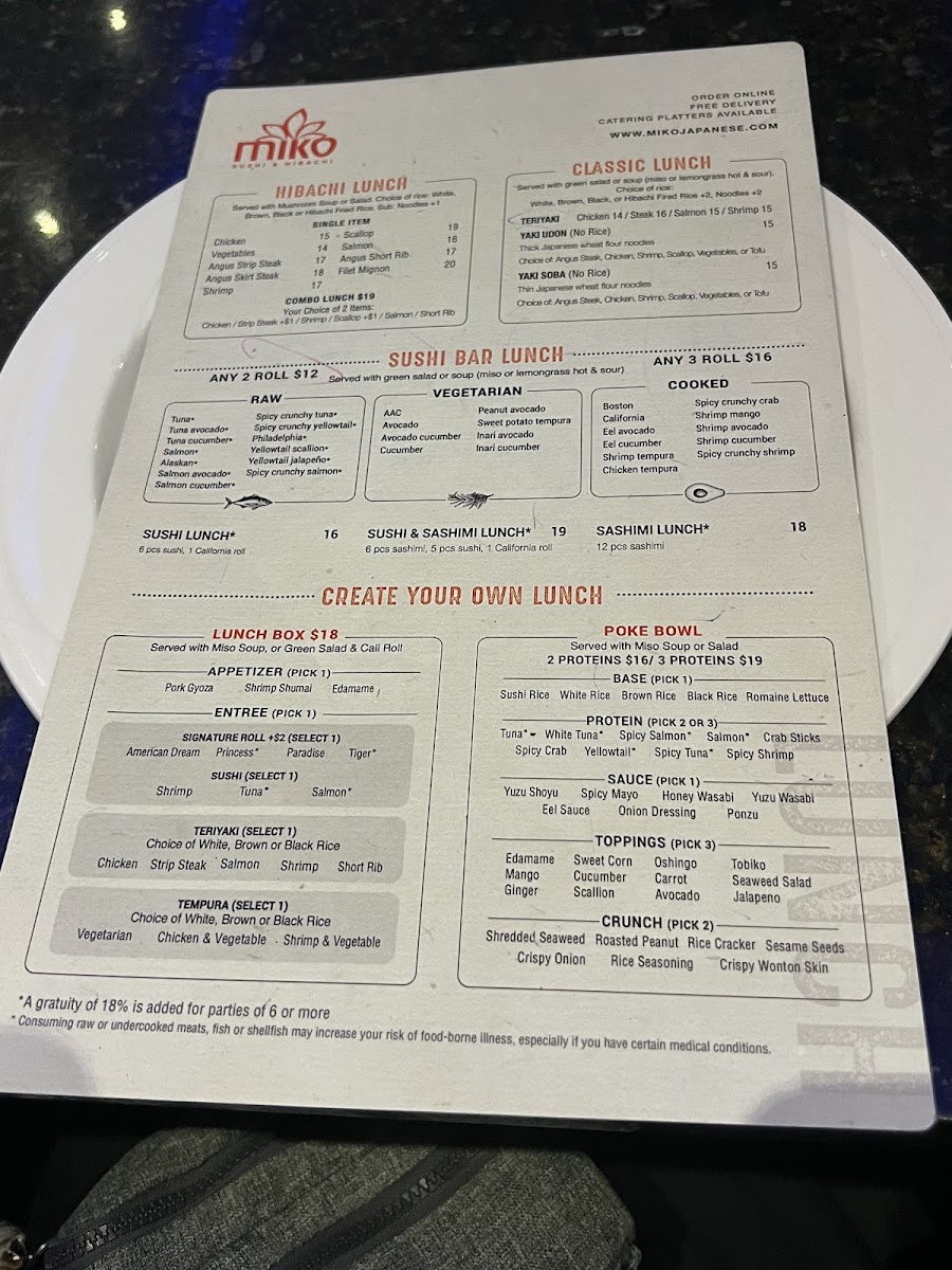 Miko Plainview - Sushi & Hibachi Menu 1