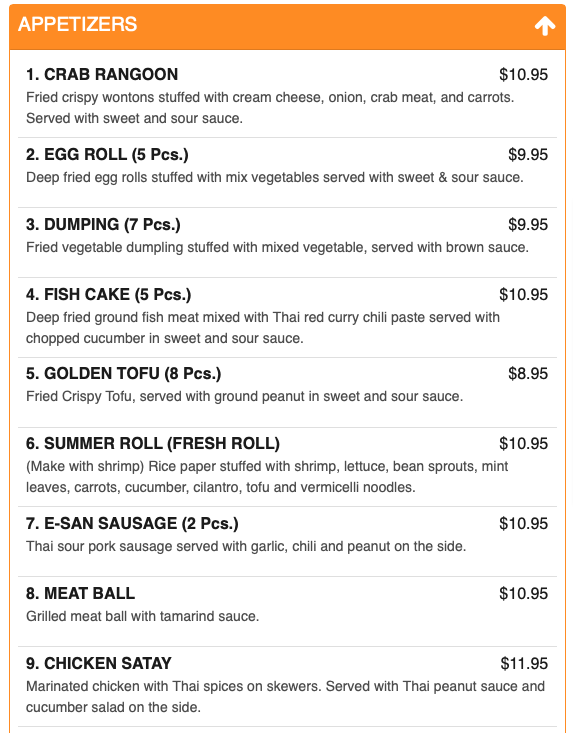 Chao Praya Thai Food Menu 2