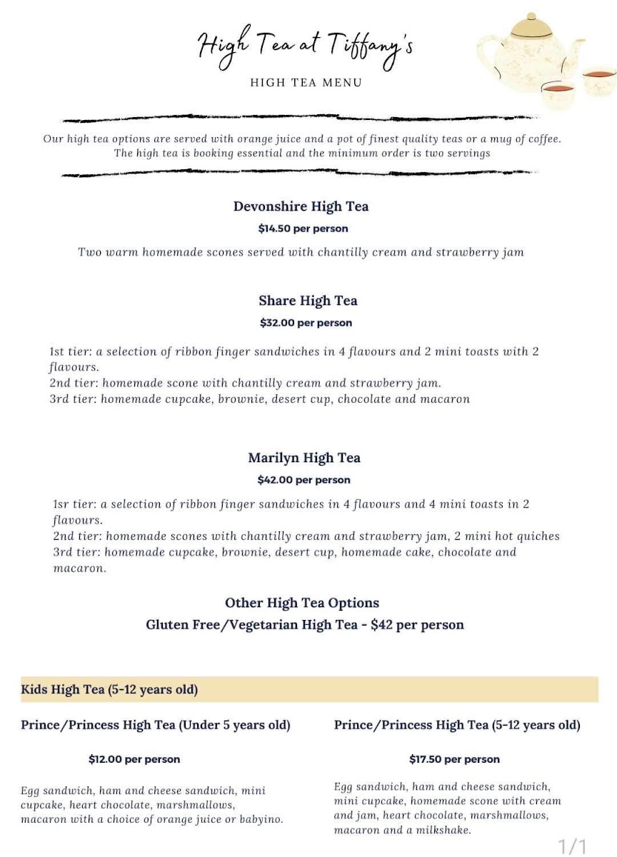 High Tea at Tiffany's Menu 1