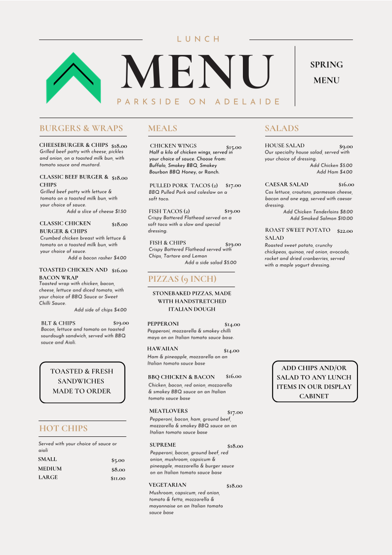 Parkside on Adelaide Menu 1