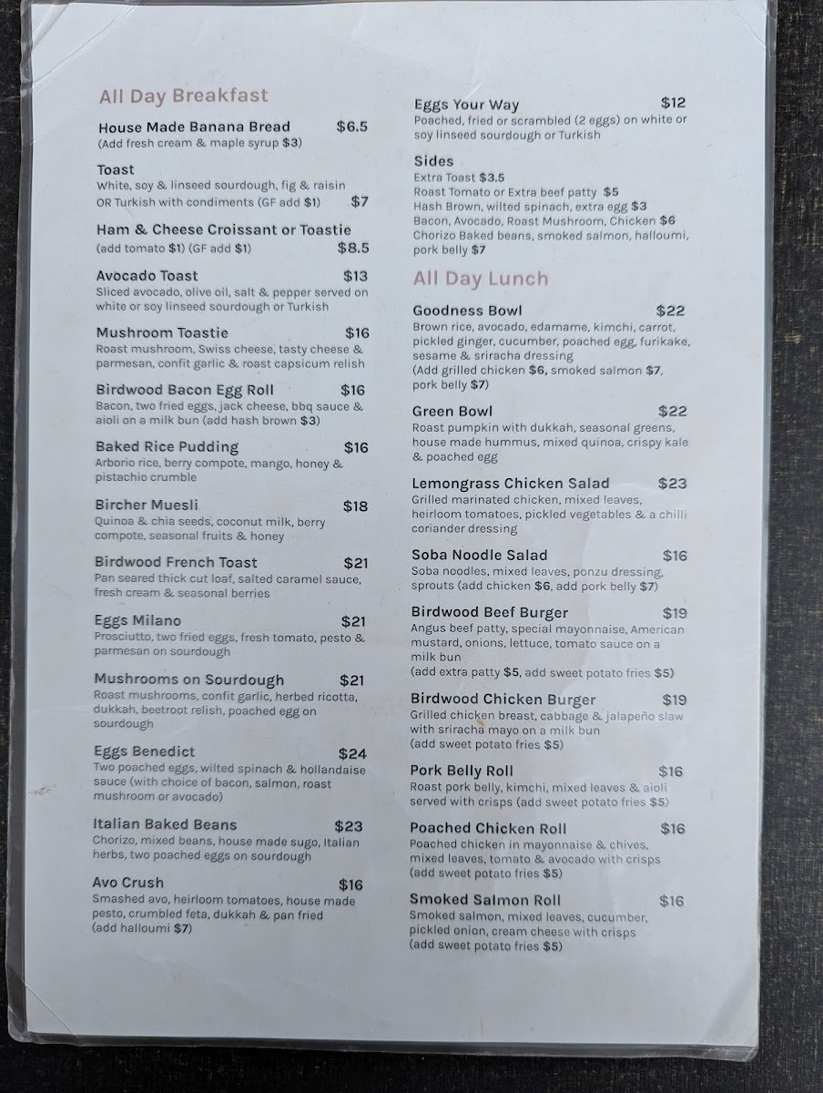 Birdwood Cafe Menu 2