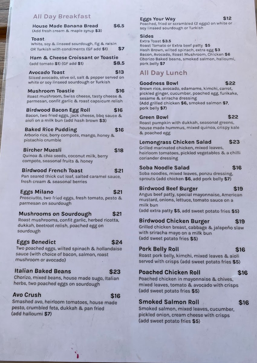 Birdwood Cafe Menu 3