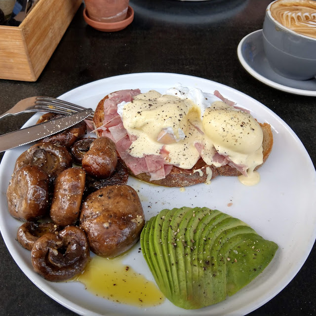Eggs Benny with Ham Off the Bone Mushrooms and Avo
