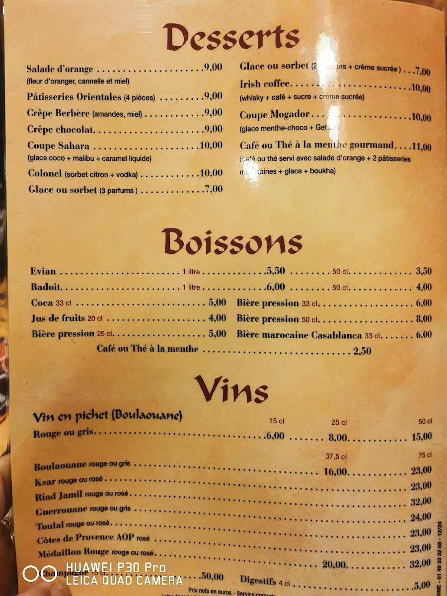 Le Chameau Menu 7