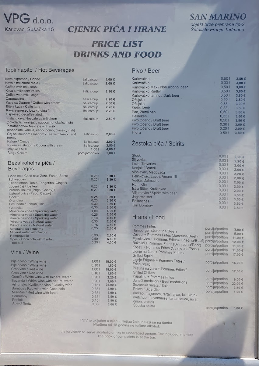 San Marino Menu 1