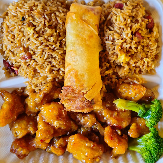 General Gau Chicken with Pork Fried Rice and a Spring Roll