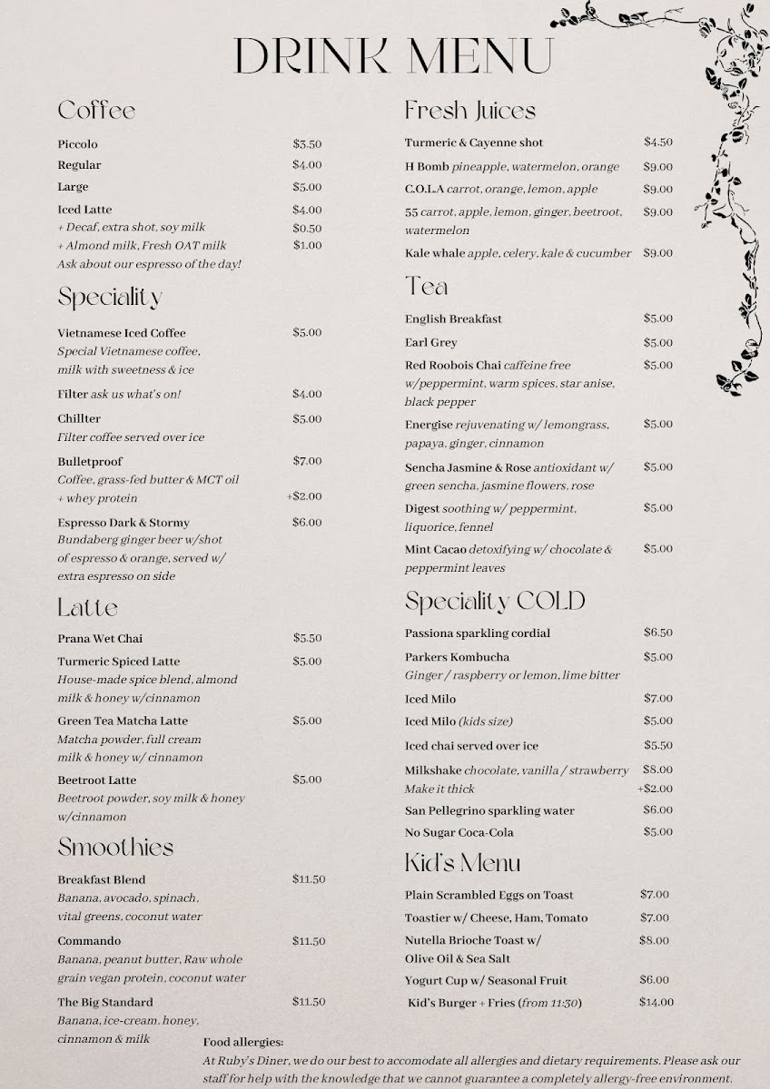 Ruby's Diner Cafe Waverley Menu 1