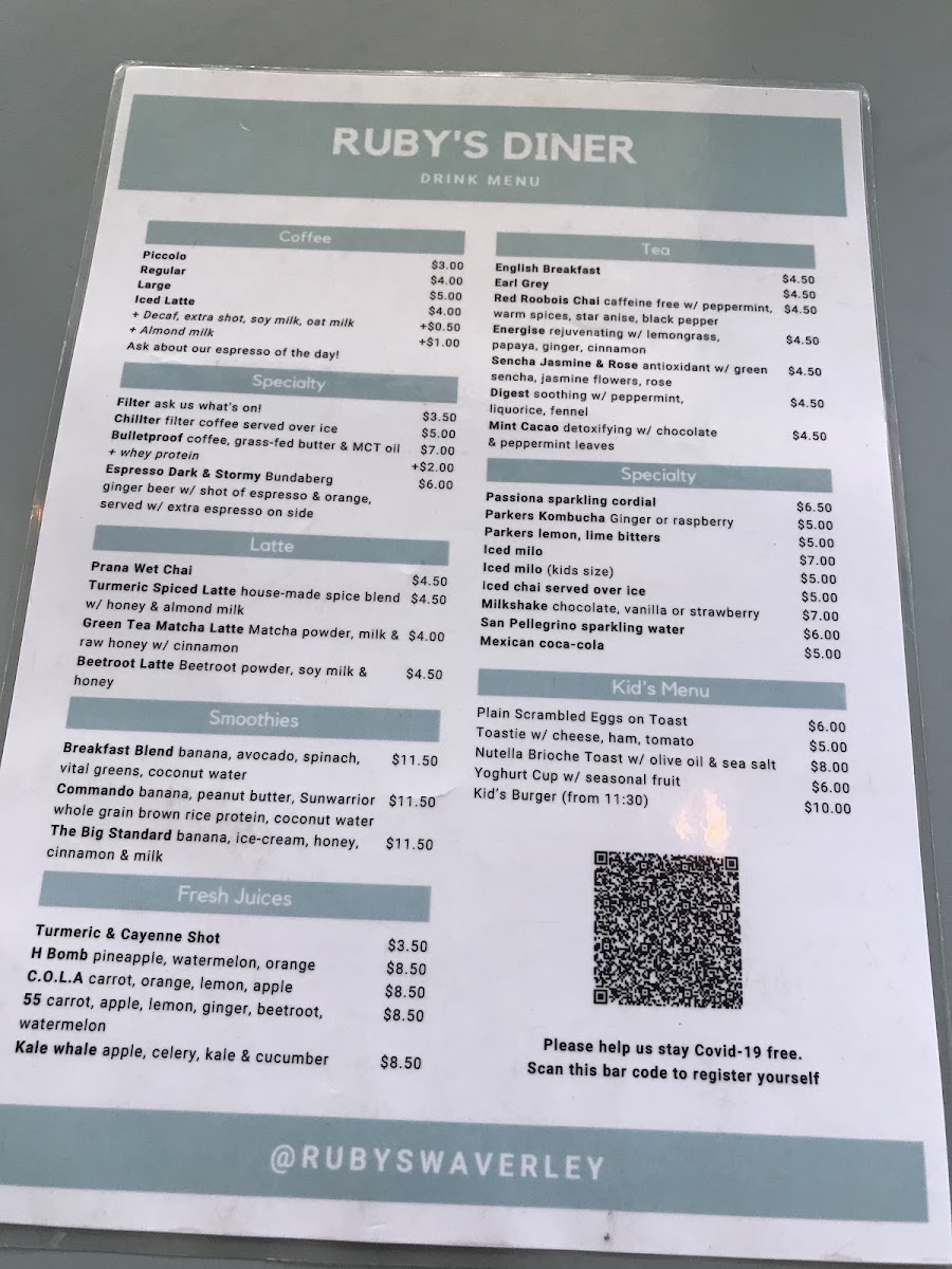 Ruby's Diner Cafe Waverley Menu 10