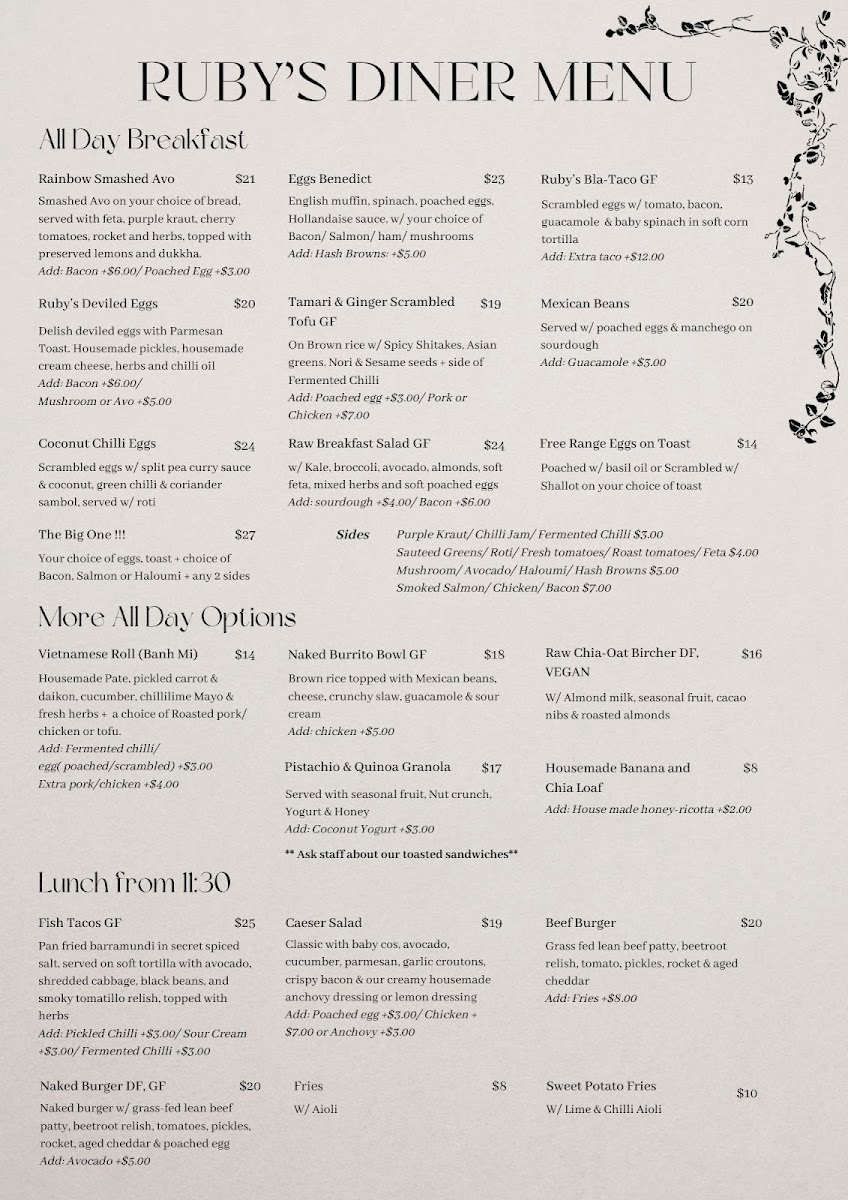 Ruby's Diner Cafe Waverley Menu 2