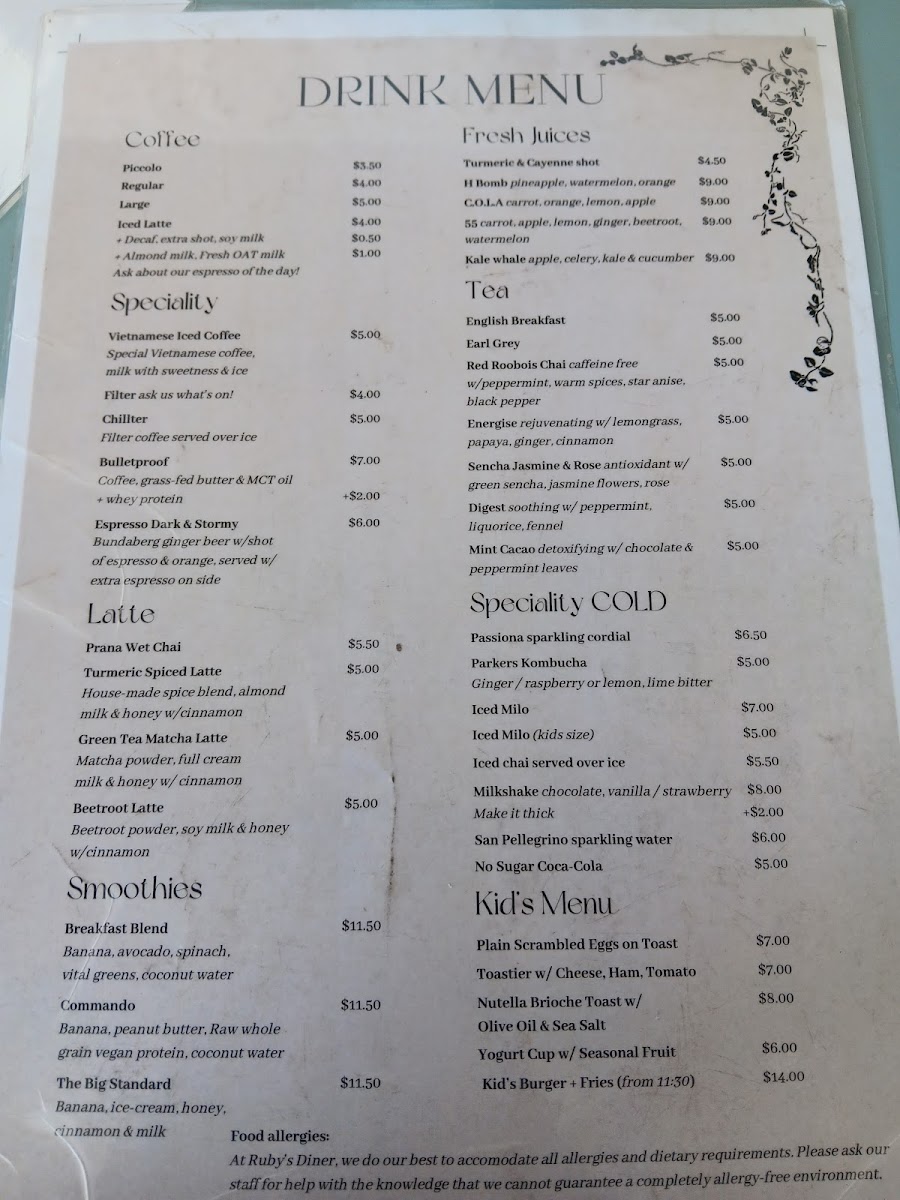 Ruby's Diner Cafe Waverley Menu 6