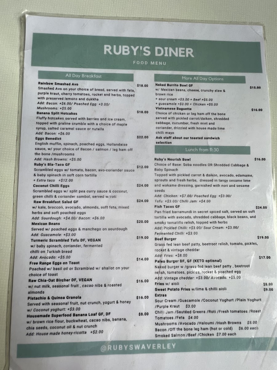 Ruby's Diner Cafe Waverley Menu 8