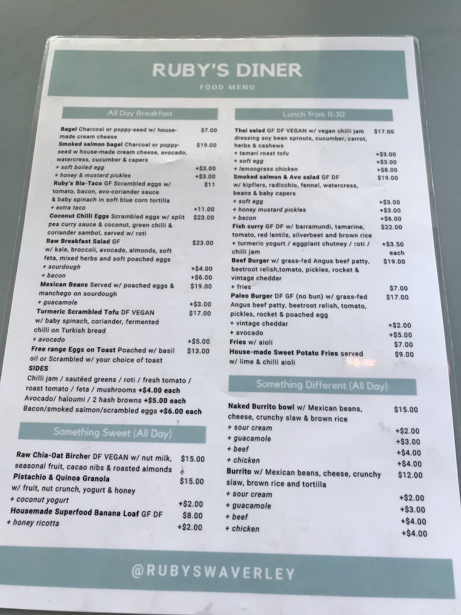 Ruby's Diner Cafe Waverley Menu 9