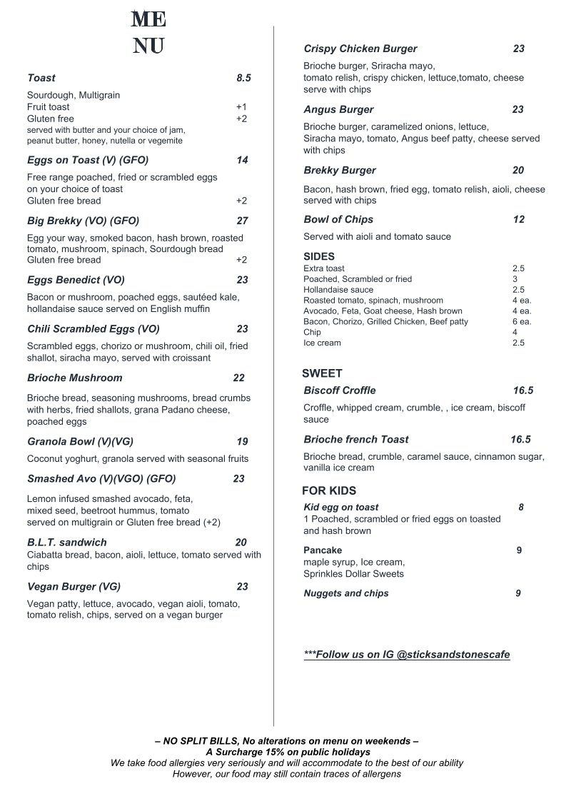 Sticks and Stones Cafe Torquay Menu 1