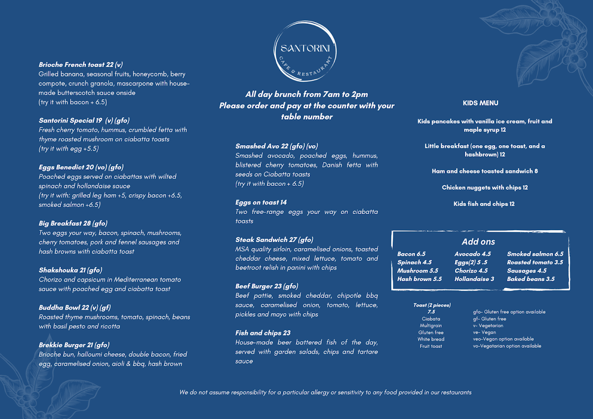Santorini Cafe and Restaurant Menu 1