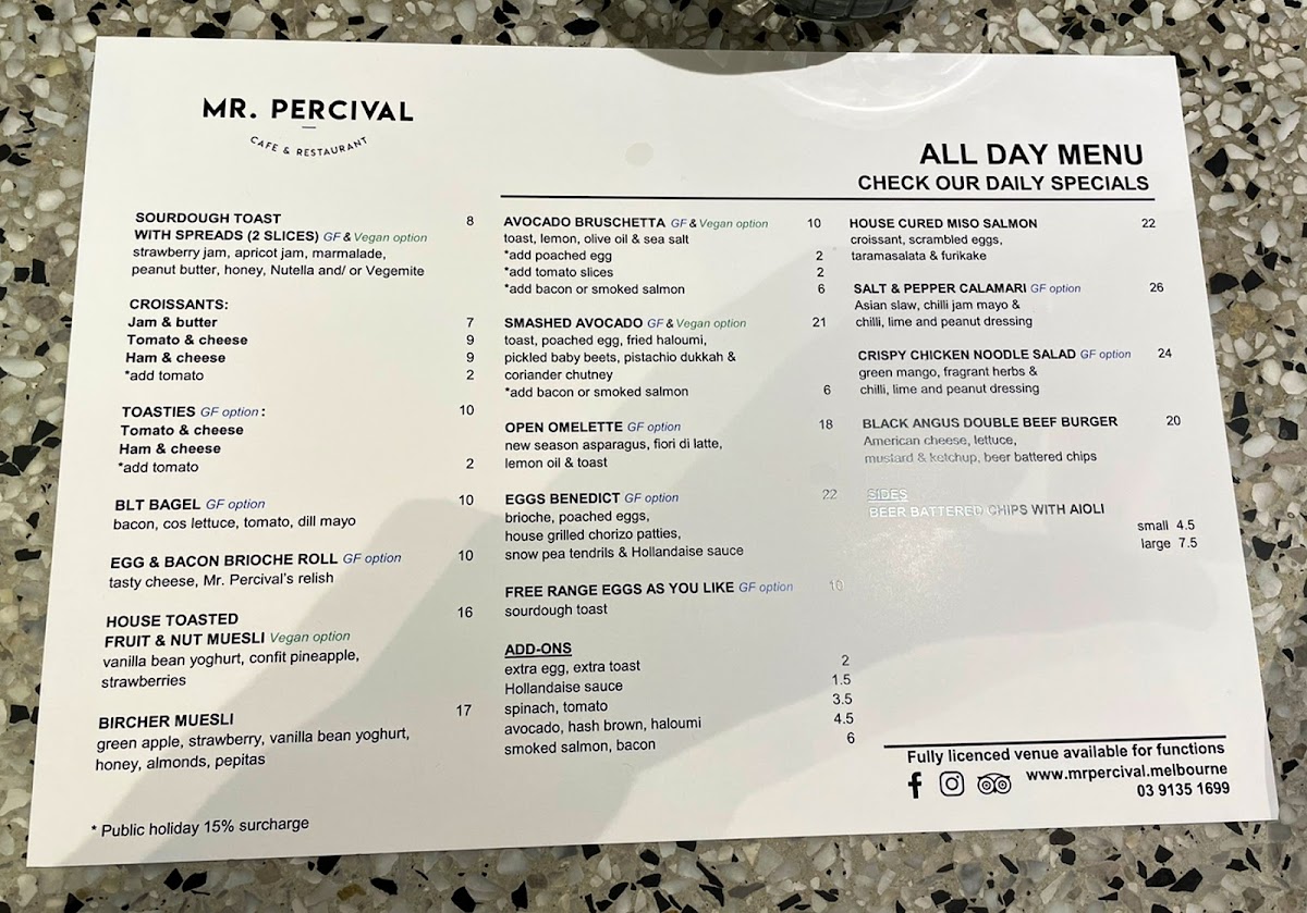 Mr.Percival Cafe & Restaurant Menu 1