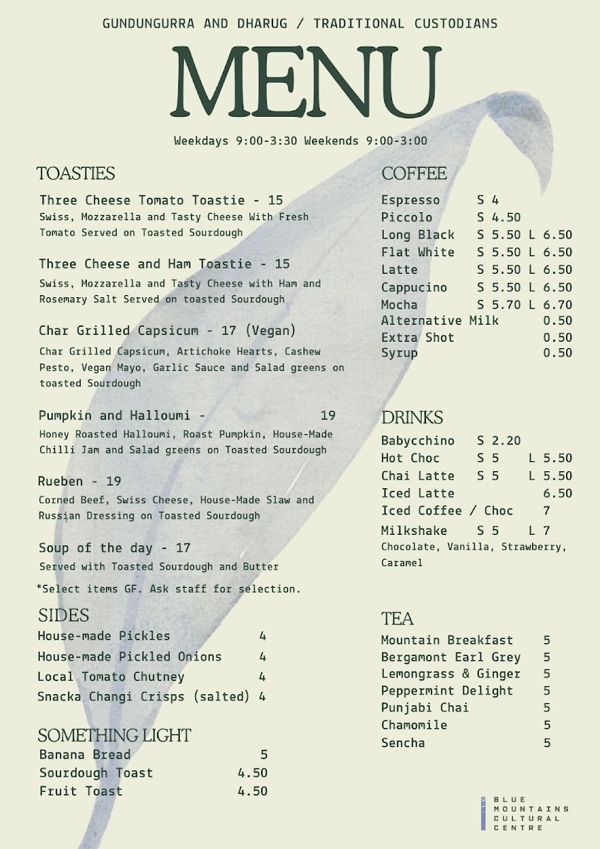 Blue Mountains Cultural Centre Cafe Menu 1