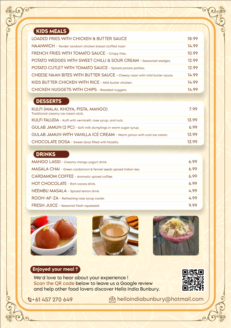 Hello India Bunbury Menu 2