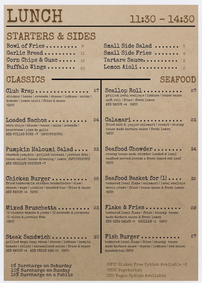 Seekers Bar & Cafe Boat Harbour Beach Menu 1