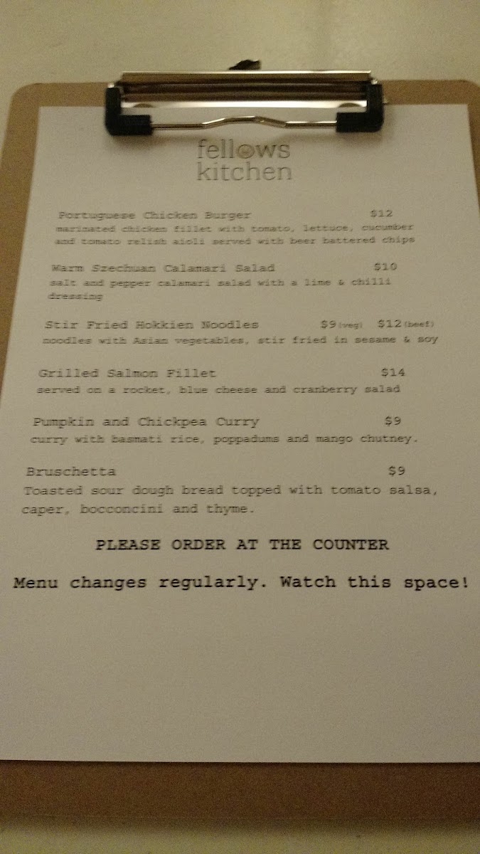 Fellows Bar & Cafe Menu 1